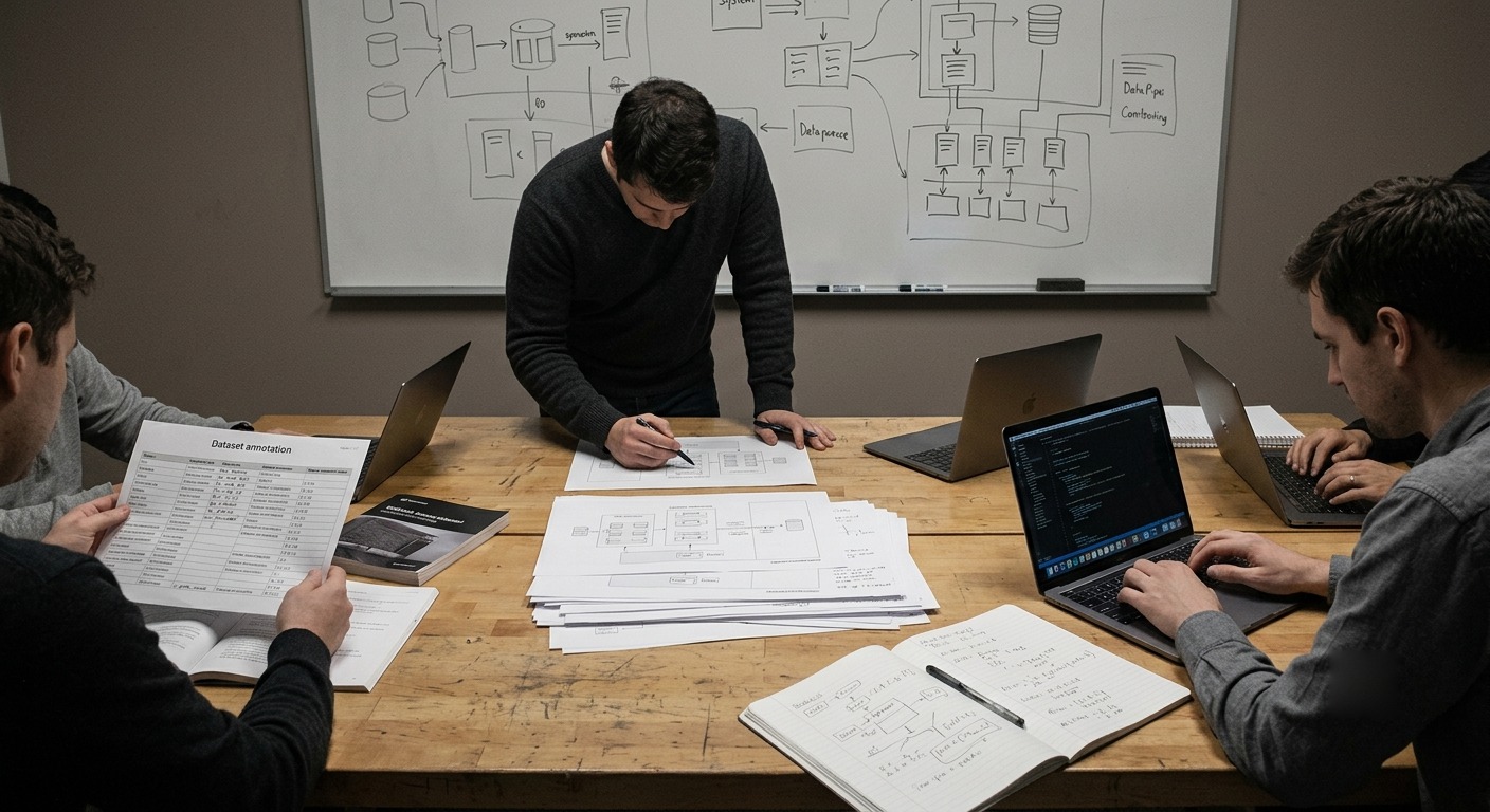 Focused technical workspace with documents, laptops, and system diagrams.